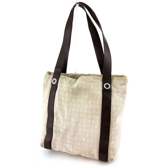 BVLGARI Tote Bag Logomania Beige Canvas x Leather Authentic USED